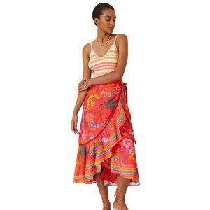 Farm Rio Red Good Vibes Wrap Skirt Size Medium New